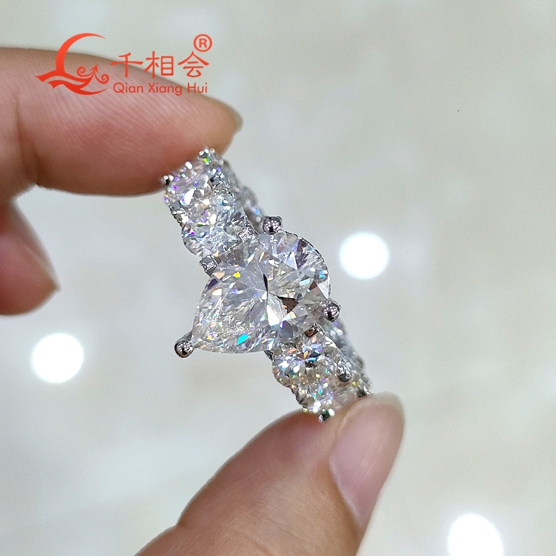 S925 Silver Full Band Setting Ring with 9x13mm Pear round And Melee D VVS White Moissanite - Wedding Jewelry Rings