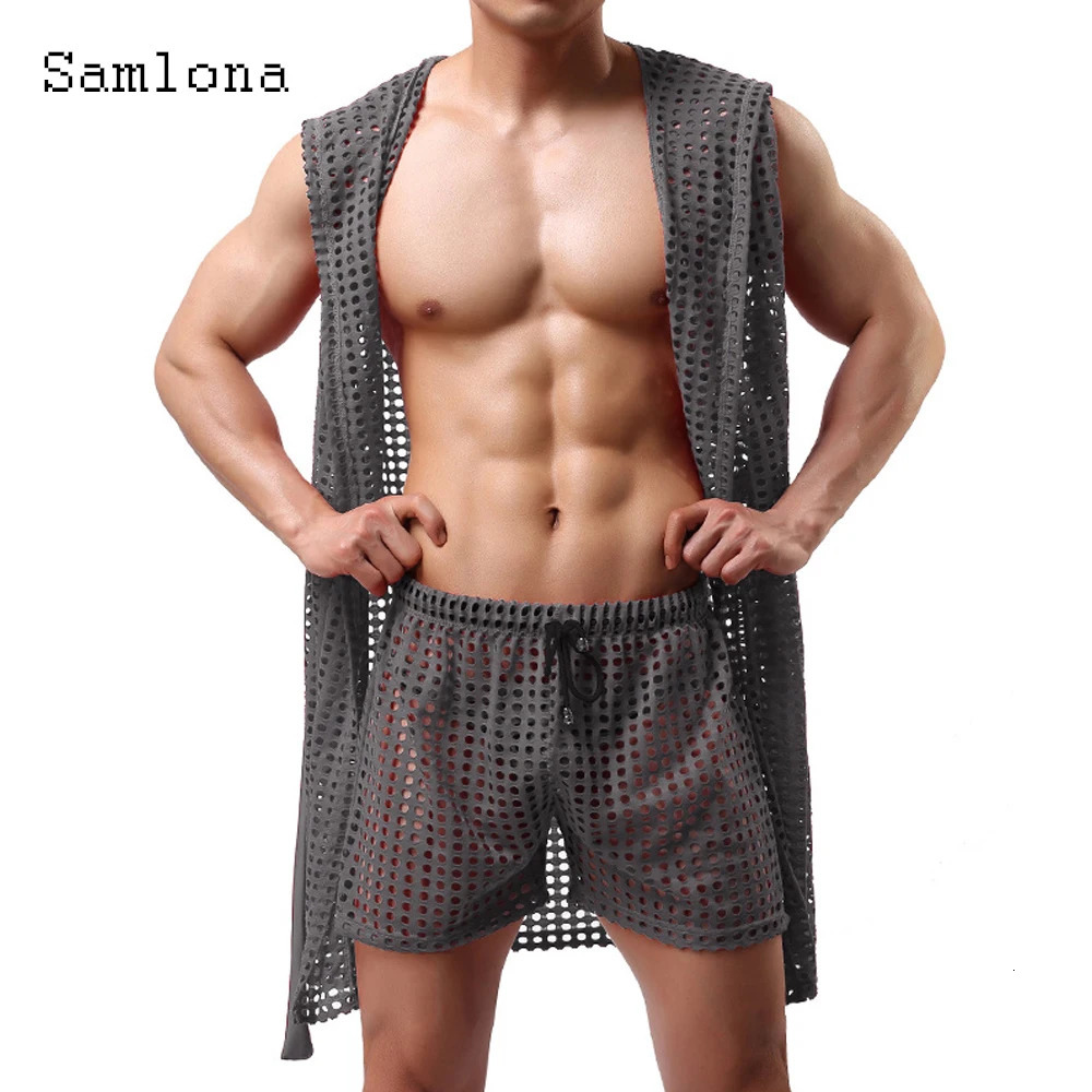 Sexy mens hollow vest sleeveless long vest European style casual beach shirt with open seam hooded T-shirt 250318