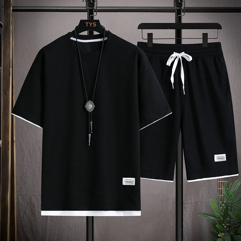 Waffle t-shirt men short sleeved ice silk summer with a suit of handsome casual sports pants thin 250320