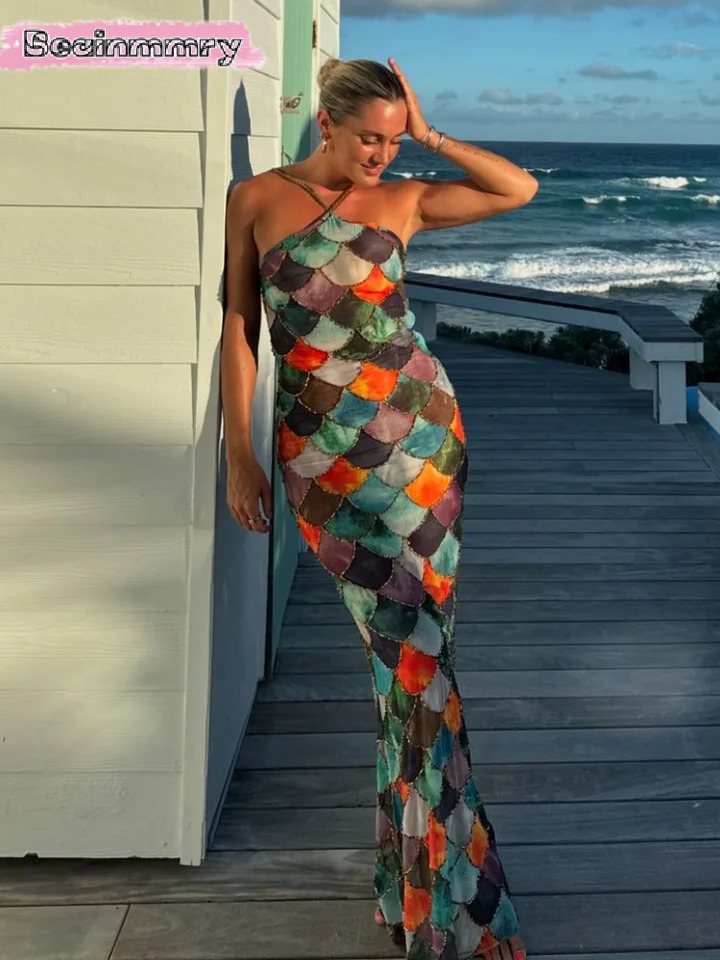 Sexy womens printed Maxi dress fashionable suspender backless sleeveless body high waisted robe beach vacation vest 250317