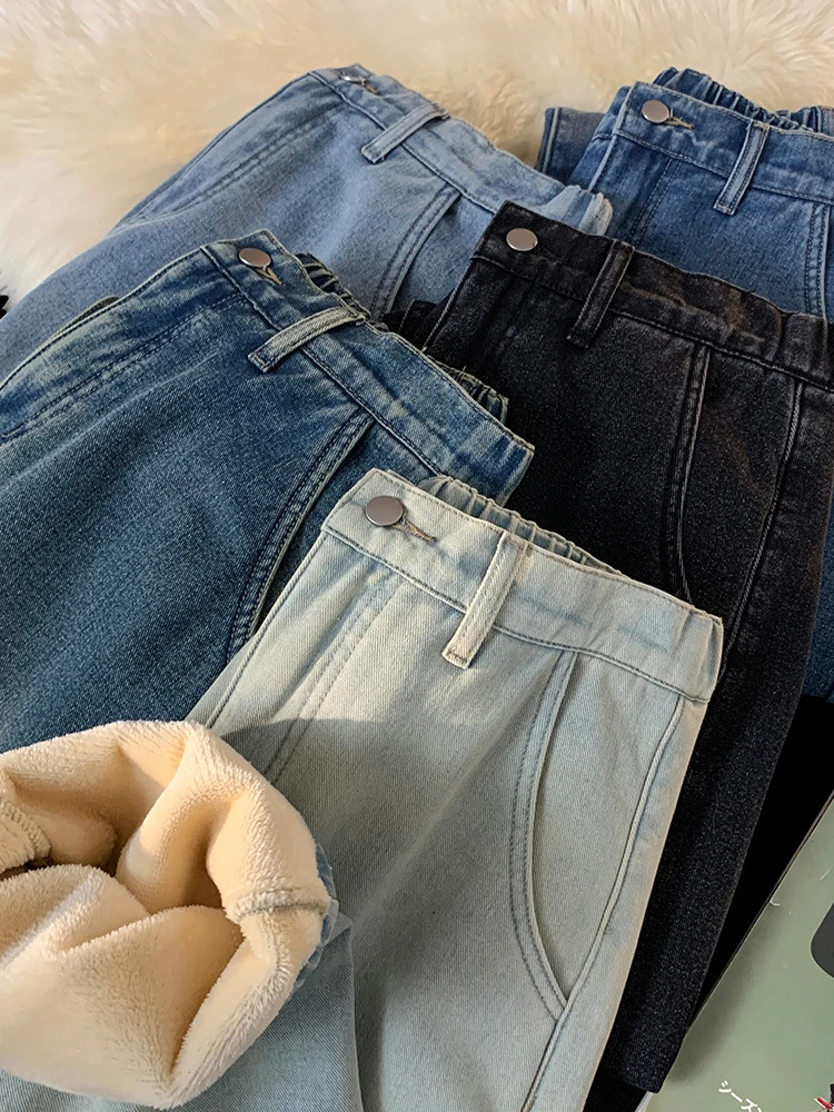 Mens winter pants wool straight jeans Korean fashion elastic waist half width pocket denim thick warm 250312