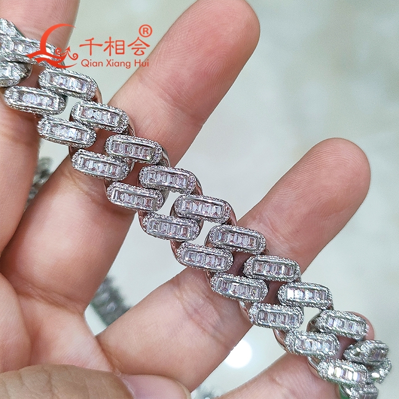 bracelet 12mm baguette french 925 Silver Cuban Link Iced Out Hip Hop white Moissanite Chain Jewelry for Women Men Gifts