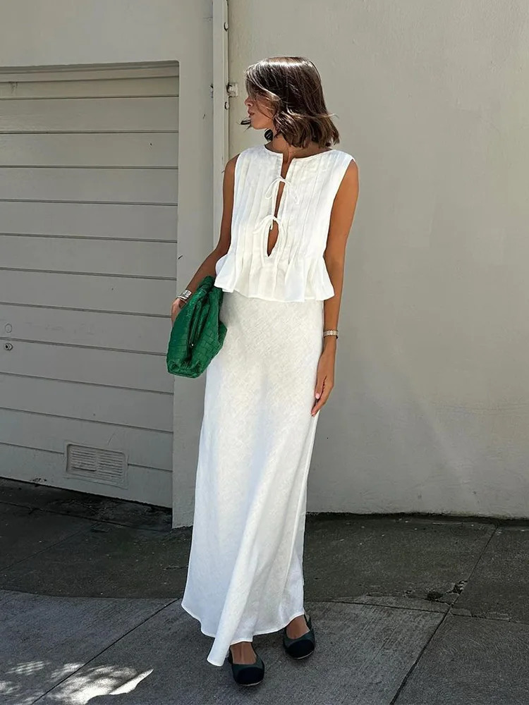 Sexy White Sleeveless Tie Shirt Top Long Skirt Two Piece Women Fashion Set Summer Holiday Beachwear Swimwear Cover Up A2860 250320