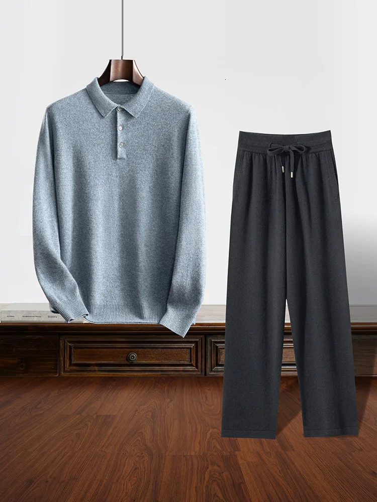 Mens Cashmere Polo Pullover Sweater Casual Soft 100% Cashmere Knitwear High-waisted Pants Spring Autumn Clothes Solid Set 250320