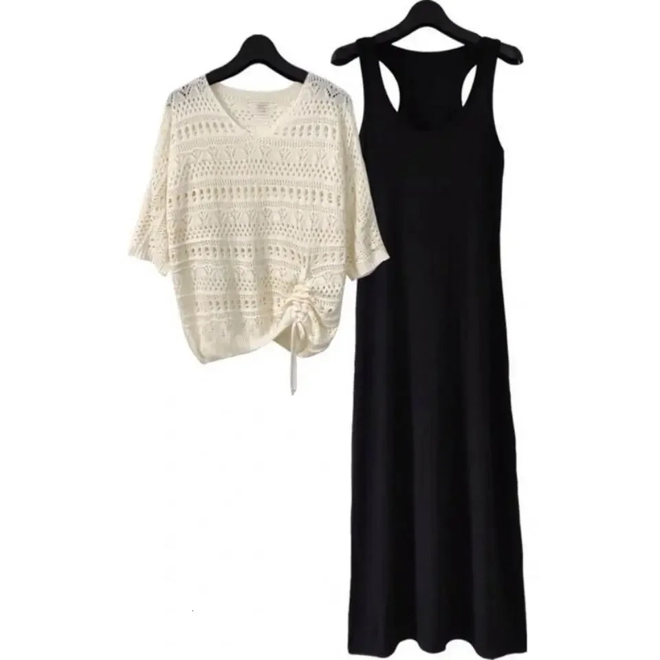 Summer Tank Long Skirt Hollow Knitted Top 2-piece Set Womens Clothing Lightweight Mesh Long Skirt Fashion 250318