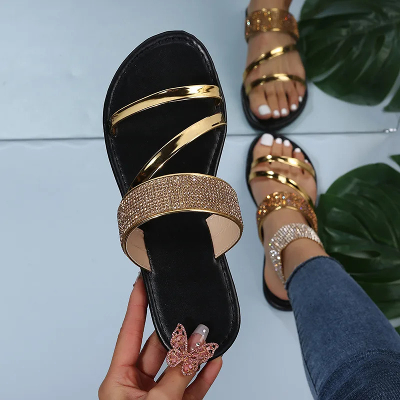 Summer Womens Fashion Gold Silver Patent Leather Flat Heel Sandals Bling Rhinestone Narrow Band Beach Casual Slippers 250321BJ - view 1