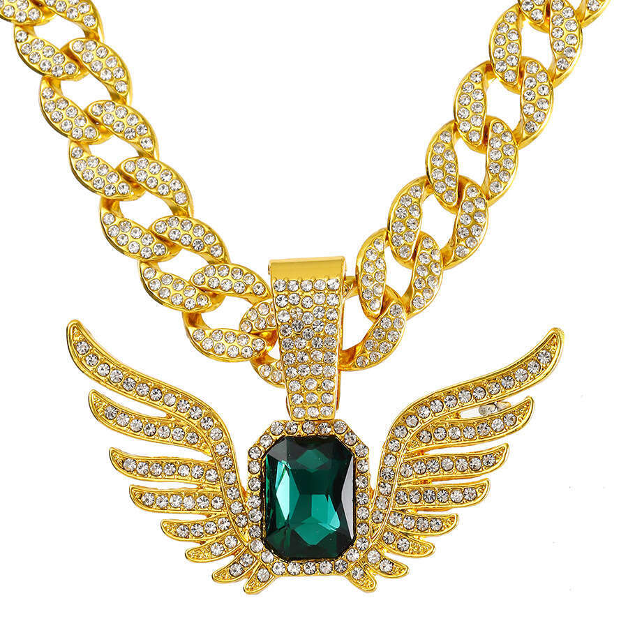 Light niche men and women fashion angel ins wing pendant emerald hip-hop rock sugar Cuban chain