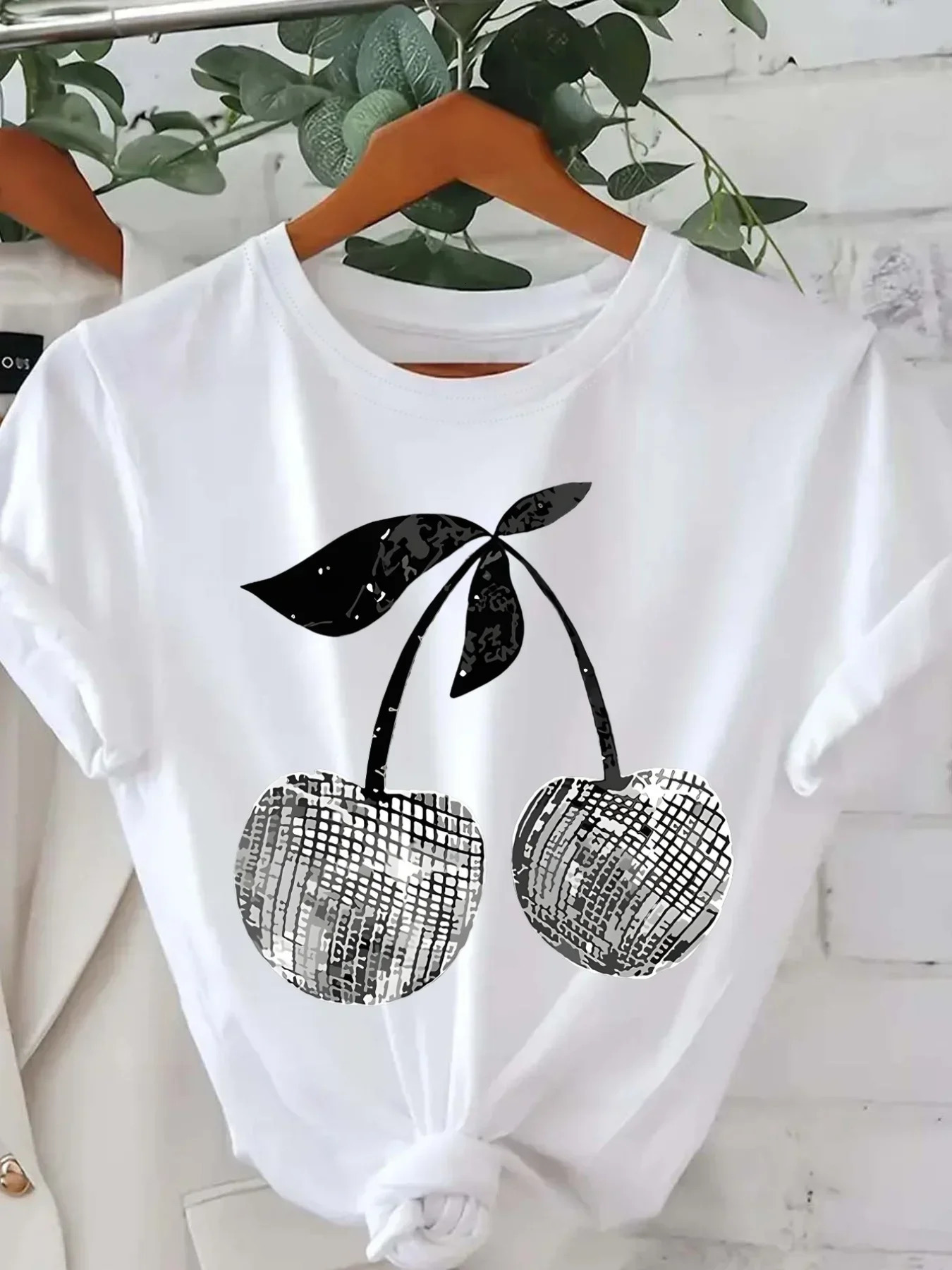 Silver Cherry Graphic Print TShirt Short Sleeve Crew Neck Casual Top for Summer Spring Womens Clothing Tees 250311