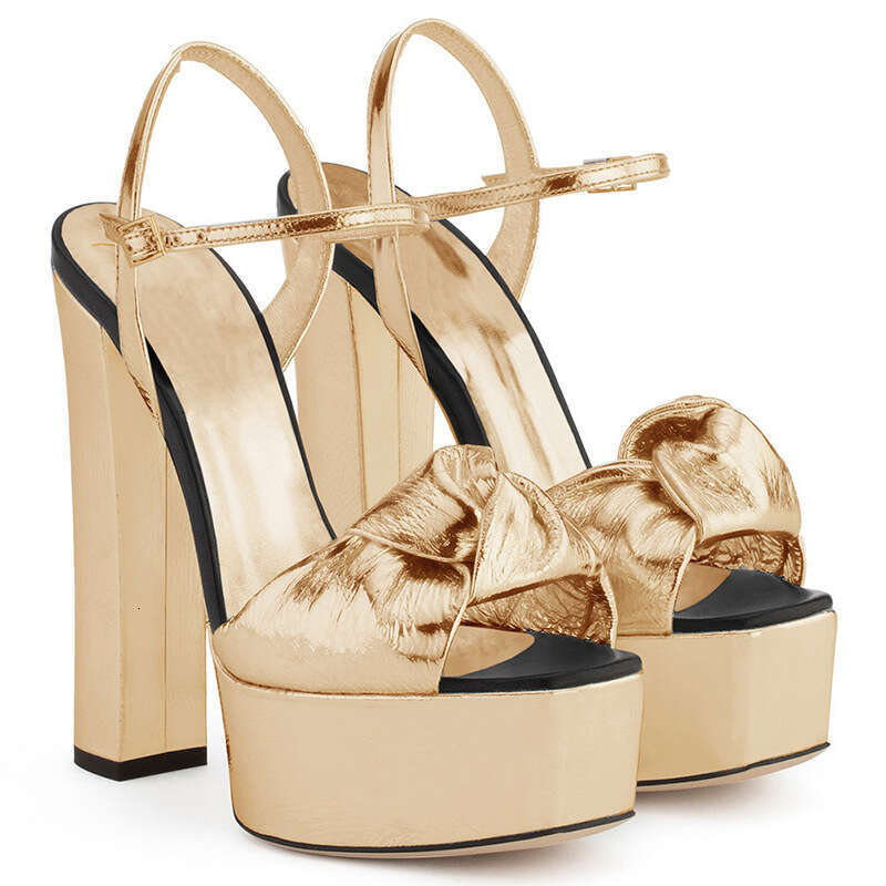 Stylish Gold Platform Sandals Fashion Round Open Toe Knotted Chunky Heeled Shoes Women Summer Party Gown Buckle Strap High Heels