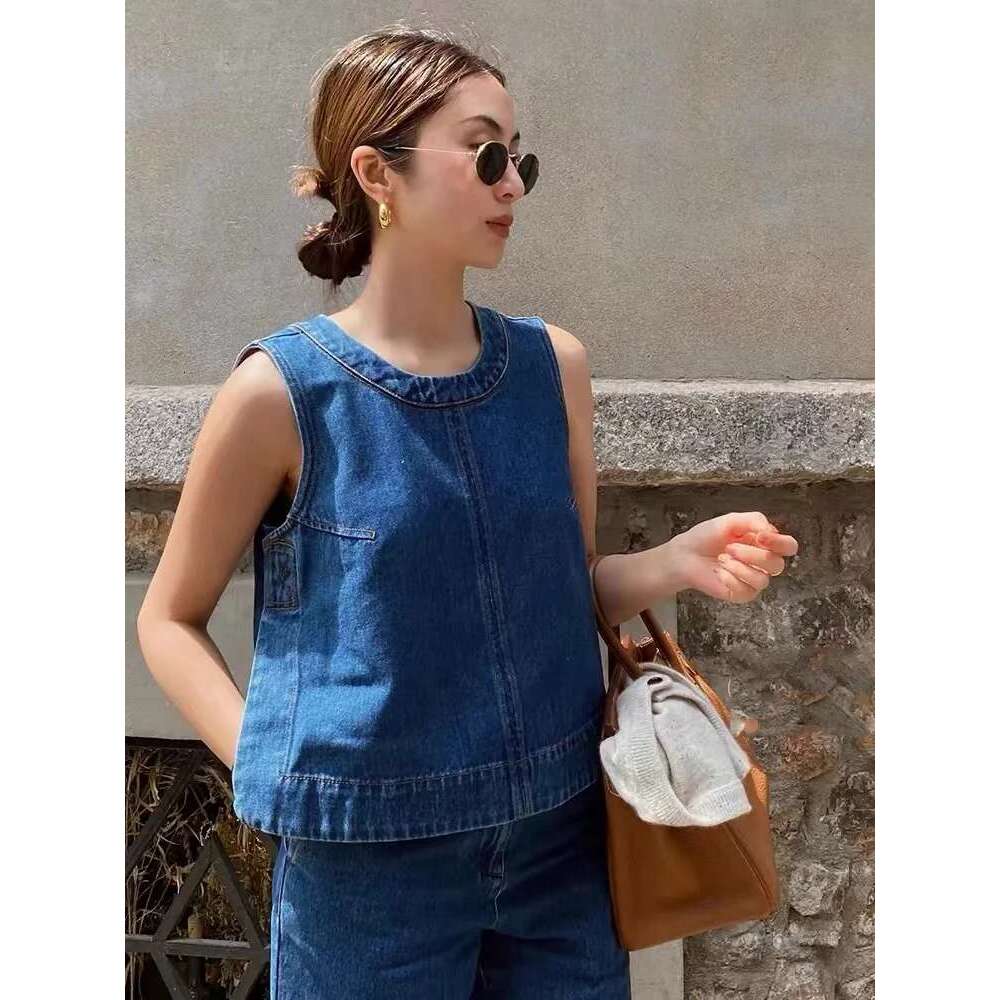 Blue Denim Vest Suit, Sleeveless Top, Jeans, Commuting, Casual Women's Pants Two-Piecet