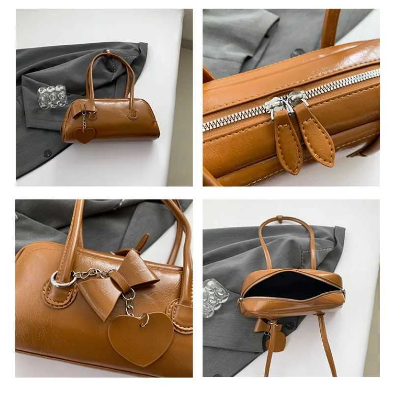 Womens Minimalist Solid Color Shoulder Bag Elegant Commute Burgundy Underarm Bag with Bow Pendant Vintage PU Leather Ladies Bag Y250319