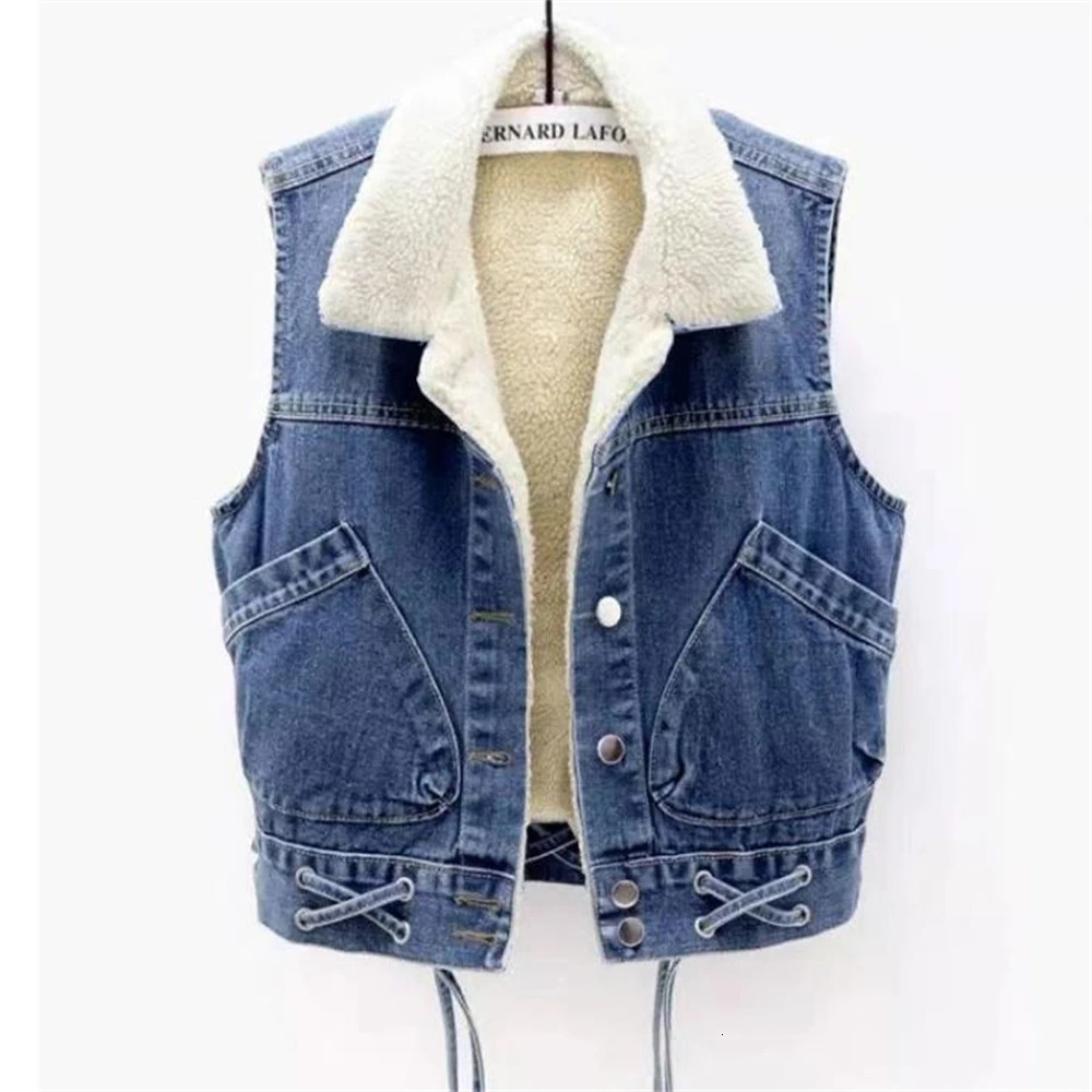 Autumn Lamb Wool Liner Plush Thick Cowboy Vest Winter Plus Velvet Warm Women Denim Waistcoat Female Gilet Sleeveless Vest Jacket 250320