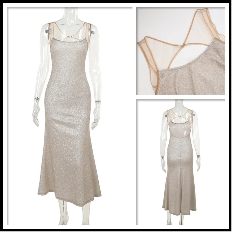 Townlike Sparkle Glitter Nightclub Sexy Party Dress Womens spaghetti strap Summer Midi Ultra Thin Tight 250320