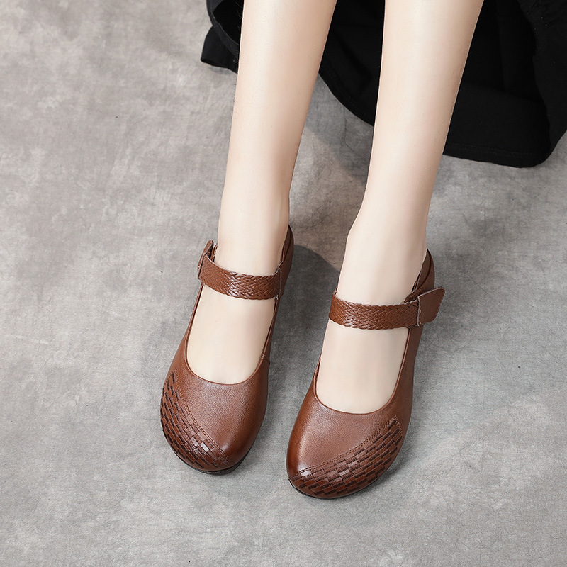 2025 new genuine leather casual shoes with toe layer, cow flat shoes, ethnic style, shallow mouth design, fashionable women's single shoes