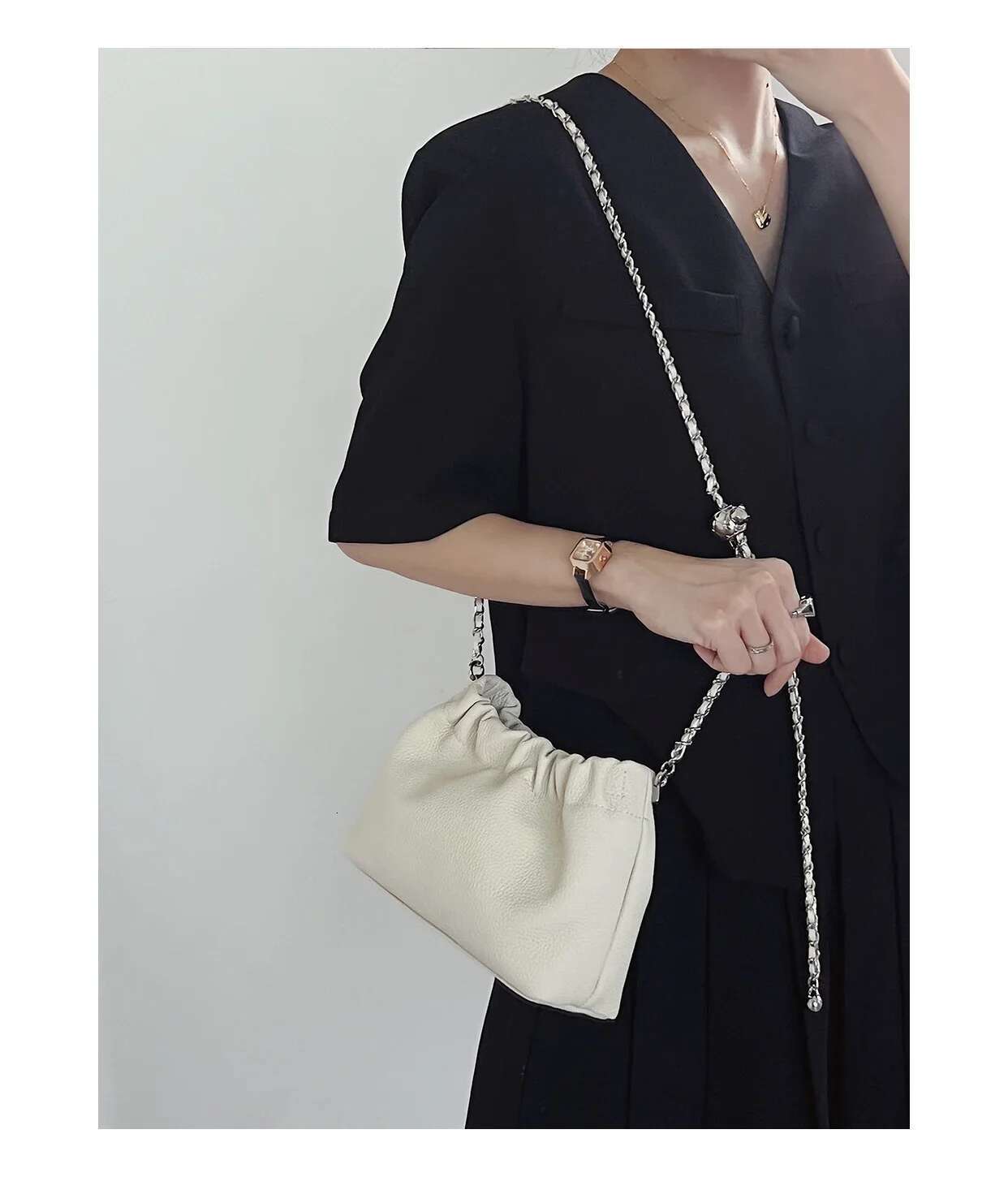 Ruched Design Hasp Open Cloudy Hobo Clutch Beige Small Chain Strap Women Crossbody Bag 100% Cowhide Leather Soft Daily Purse
