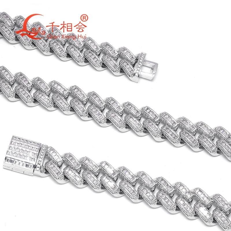 bracelet 12mm baguette french 925 Silver Cuban Link Iced Out Hip Hop white Moissanite Chain Jewelry for Women Men Gifts