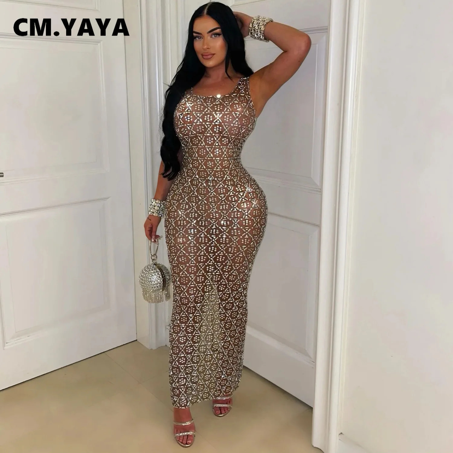 CMYAYA Summer Sleeveless Diamond Long Dress Mesh View Fashion Evening Sexy Party Club Birthday 250320
