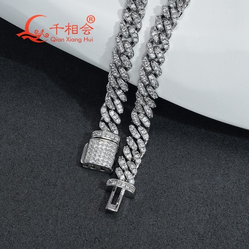 Sterling Silver Bracelet 6mm Width Half Moon with Moissanite Diamond Hip Hop Style Cuban Link Chain 925 Miami Jewelry
