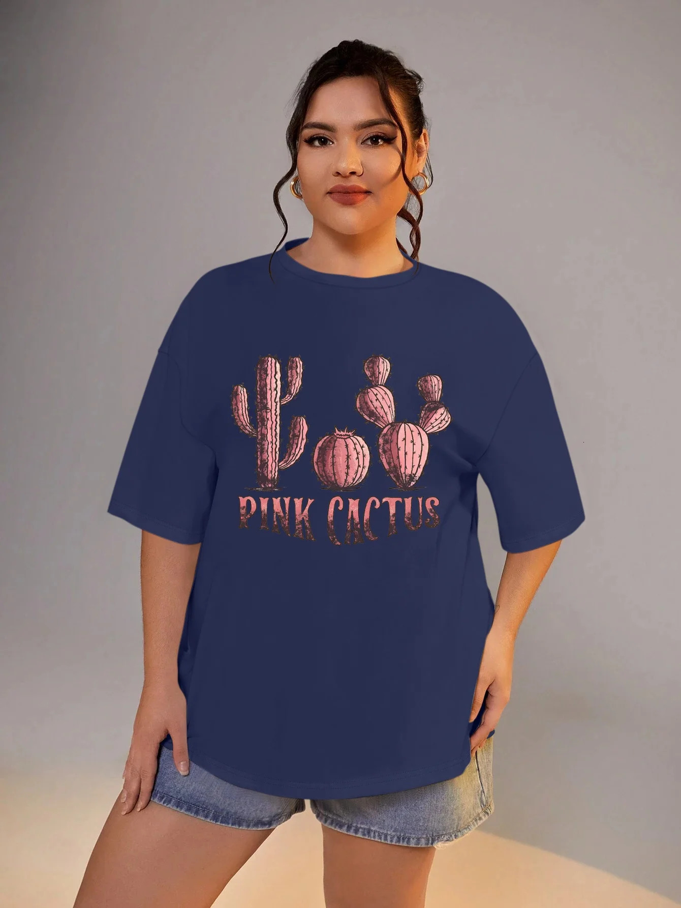 Plus Size Women Clothing Pink Cactus Print Oversize Short Sleeve T-shirt Large Sizes for Fat Women Summer 250320