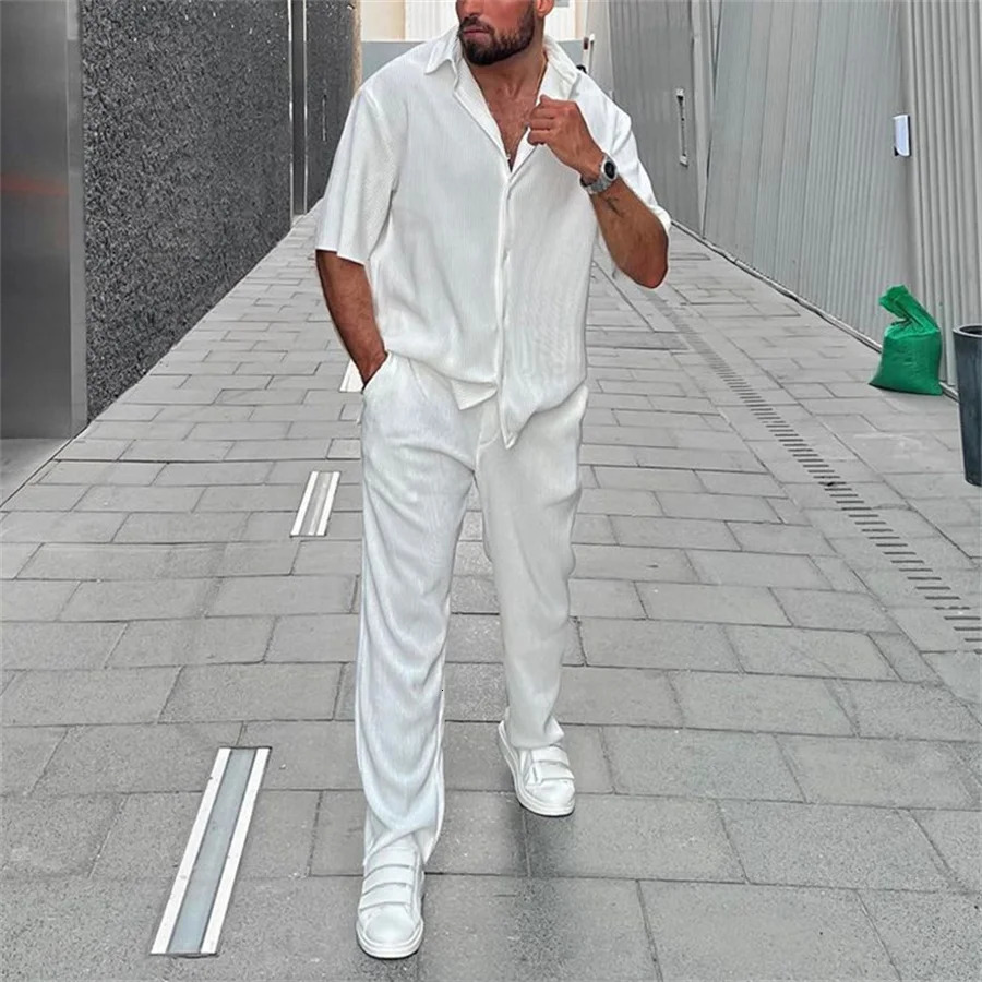 White mens pants set with lapel buttons short sleeved shirtpants casual beach set mens clothing two-piece sportswear 250314