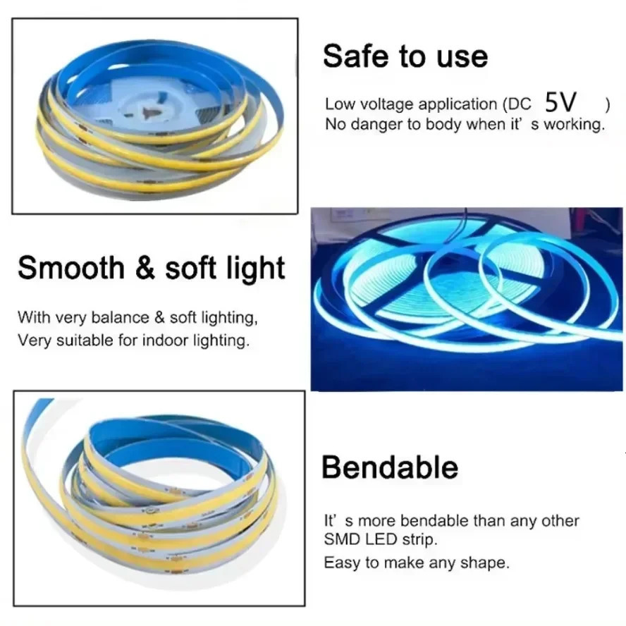 5V multicolor USB LED strip light COB switch touch sensor dimmable tape TV mirror backlight kitchen room night 250311