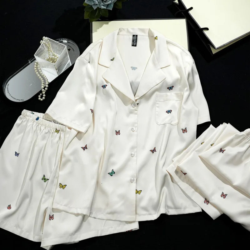 Fashionable and three piece ice silk sleepwear womens short sleeved set printed with small butterfly summer thin sleepwear set 250321