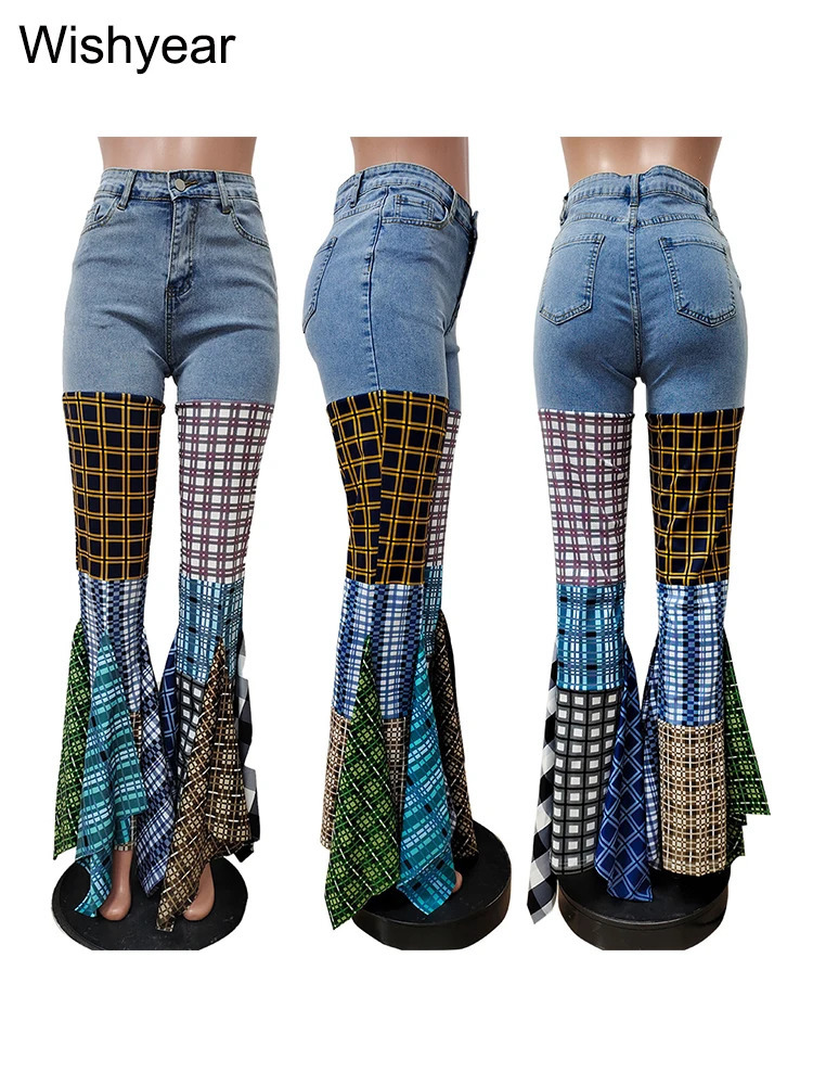 Colorful Plaid Patchwork Flare Baggy Jeans Women Fashion Mid Waist Streetwear Denim Boot Cut Pants Birthday Trouers y2k bottoms 250320