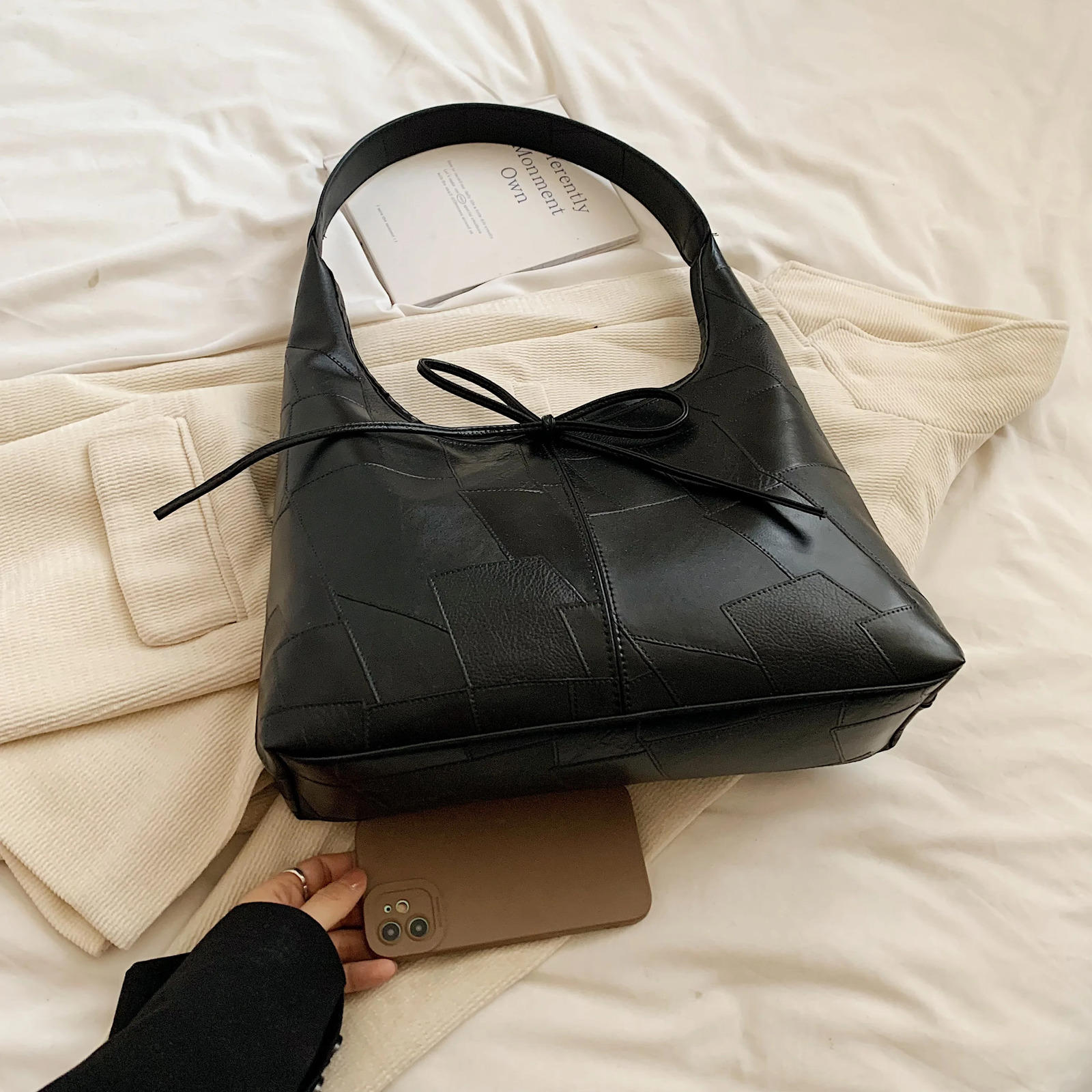 Large capacity solid color PU bow tie shoulder bag tote bag hand-held shopping bag suitable for girls women college student 250320