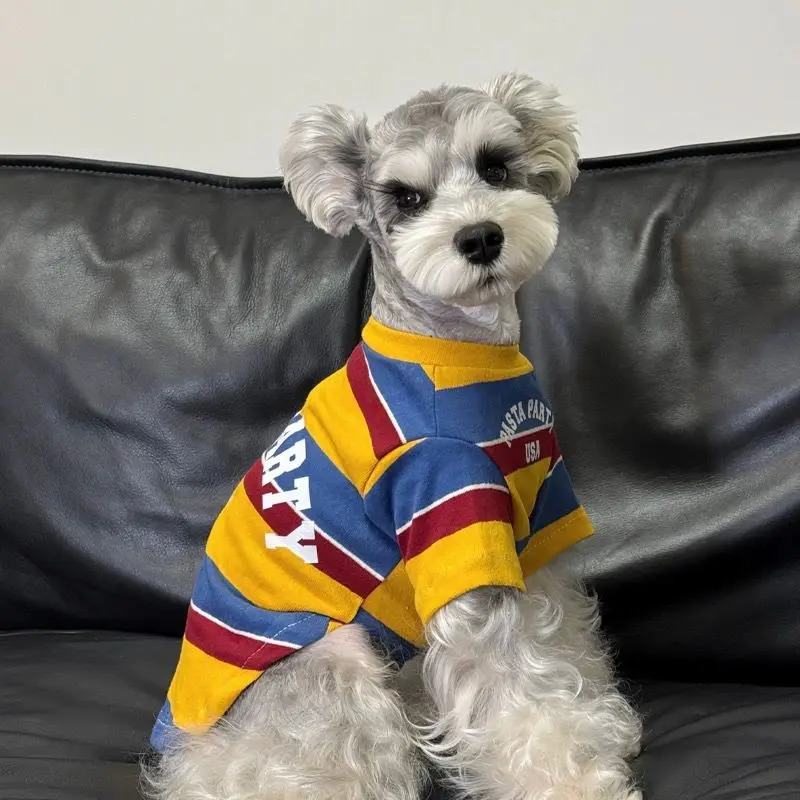 Yellow blue red striped T-shirts dog clothing vintage shirts small dog clothing cat printed clothing spring autumn Yorkshire pet supplies 250318