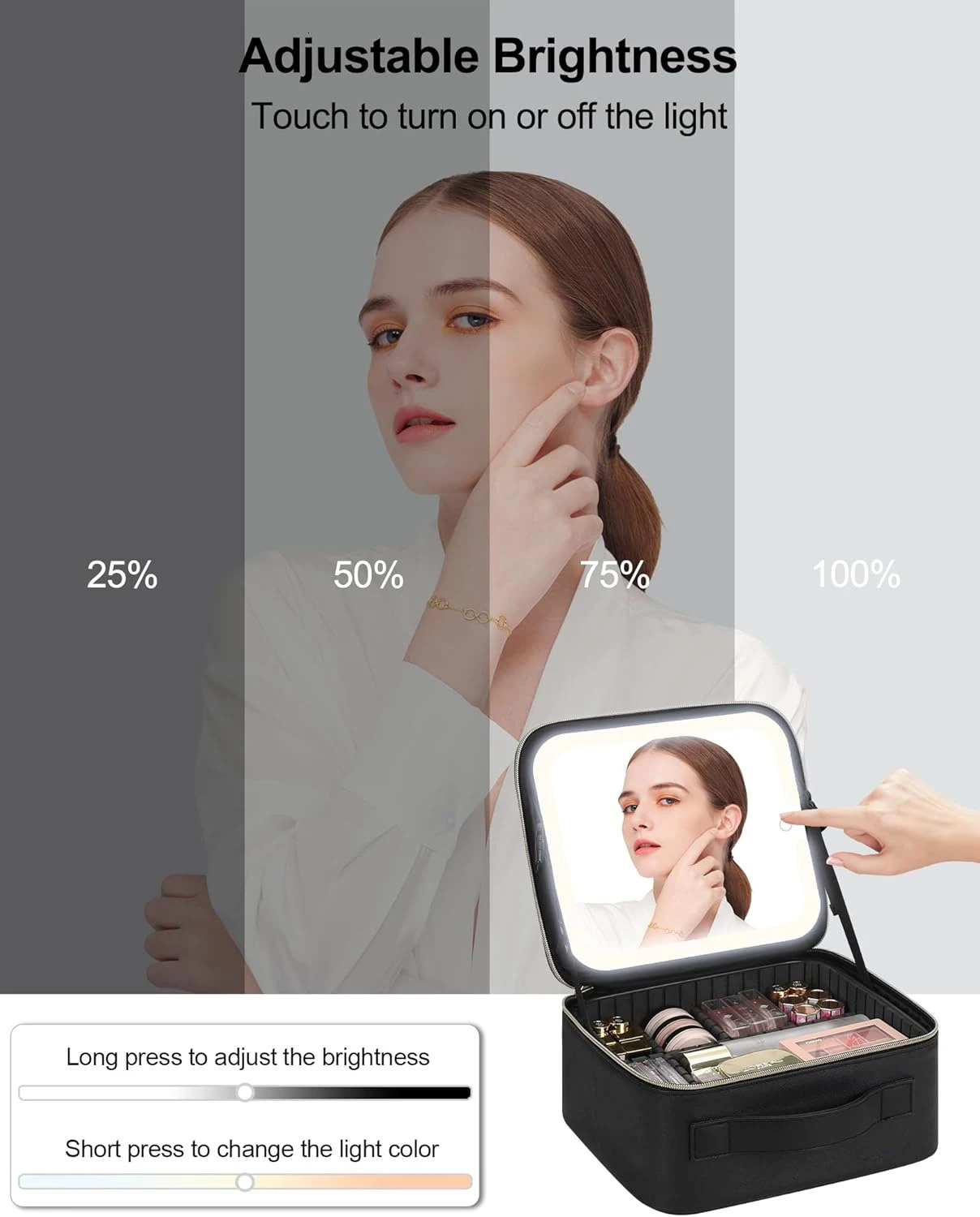 Makeup organizer with mirror light 3 adjustable brightness travel train suitcase makeup bag portable storage compartment waterproof 250320