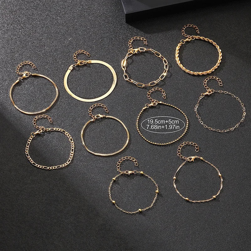 10 pieces of retro statement gold flat snake chain box chain bracelet Bohemian multilayer metal bracelet womens summer jewelry 250318