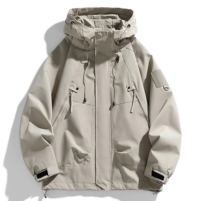 Windproof Mens Hooded Jacket Zipper Jacket Cargo Waterproof Black Bomber Camping Loose Soft Shell Hooded Hiking Jacket 250320