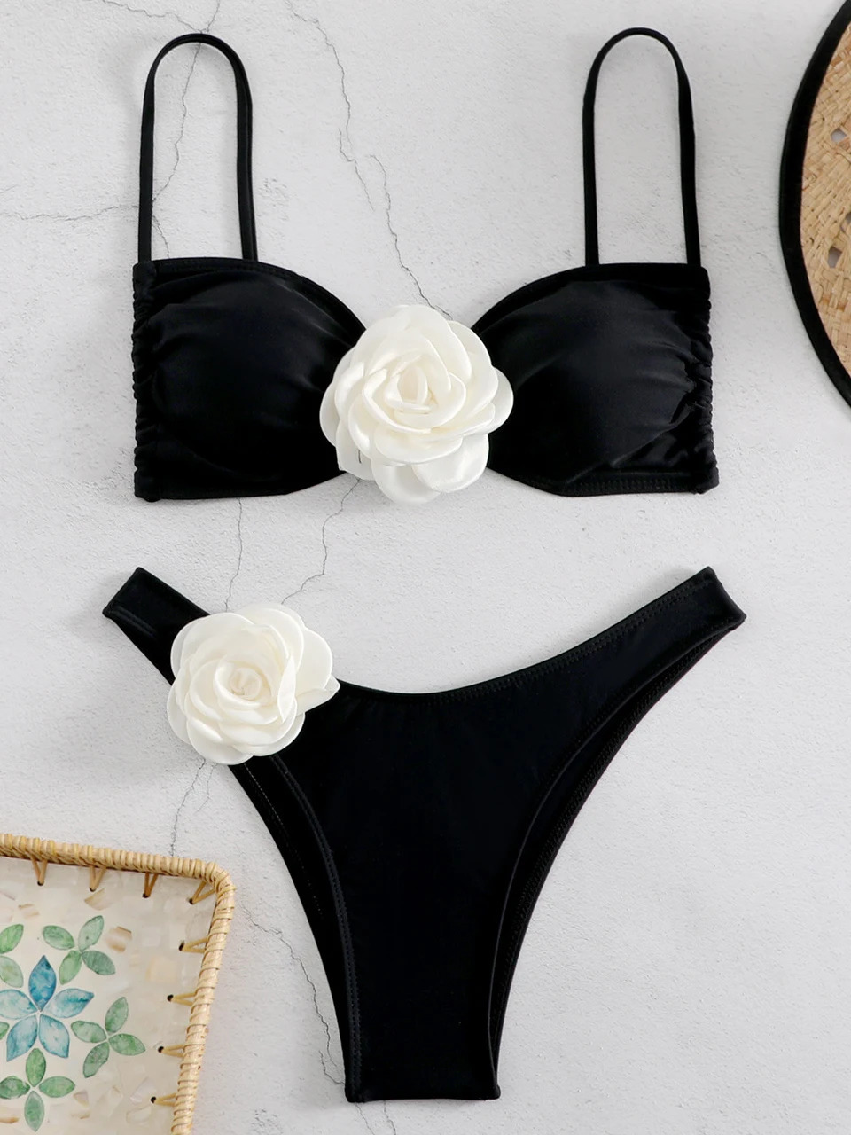 Bandeau bikini front 3D floral decoration swimsuit womens high waisted solid swimsuit elegant beachwear summer swimsuit 250314