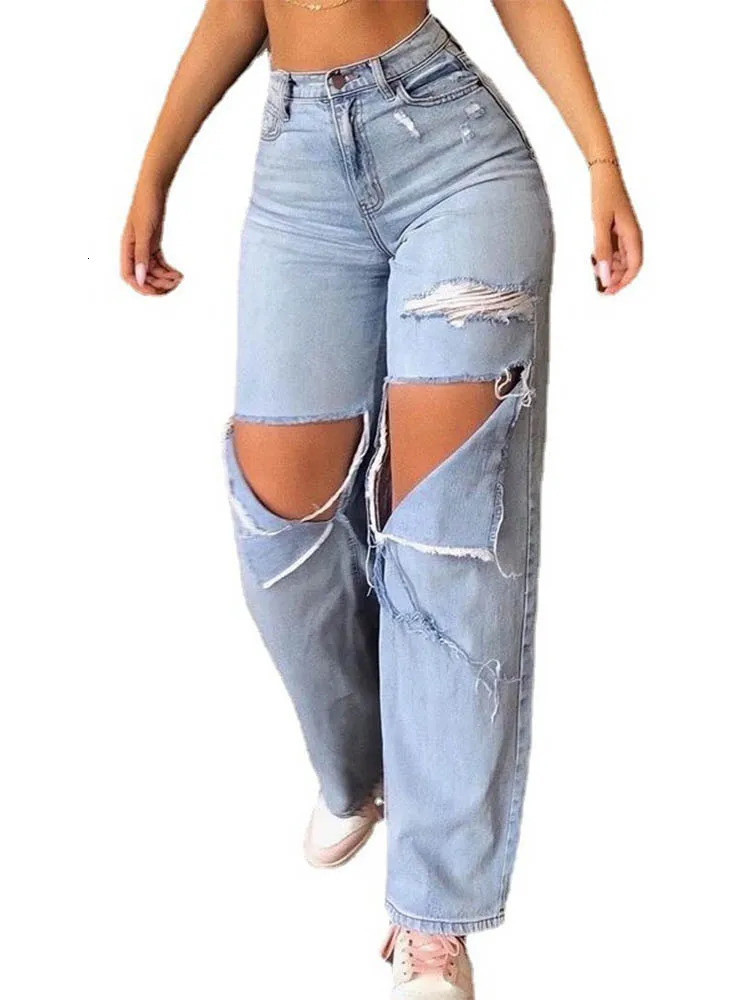 Womens retro punk loose oversized eyelets denim pants streetwear womens wide leg bag ripped jeans 250314