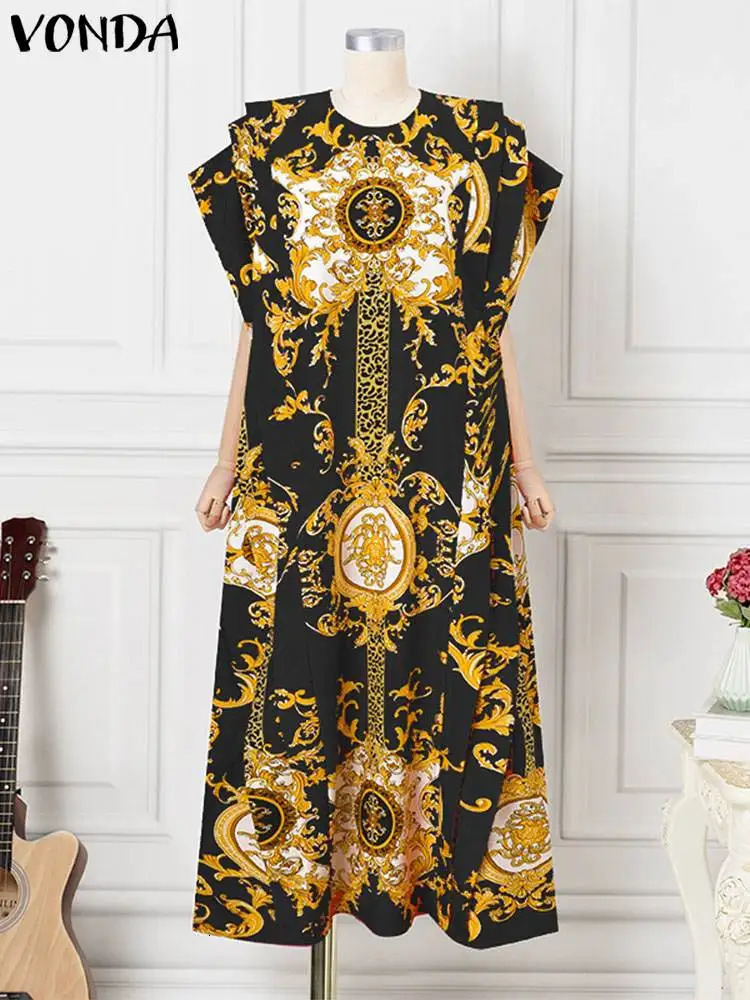 VONDA Plus Size 5XL Elegant Long Dress Fashion Satin Dress Sexy Printed Patch Work Batwing Sleeve Tank Top Ruffle Robe 250320