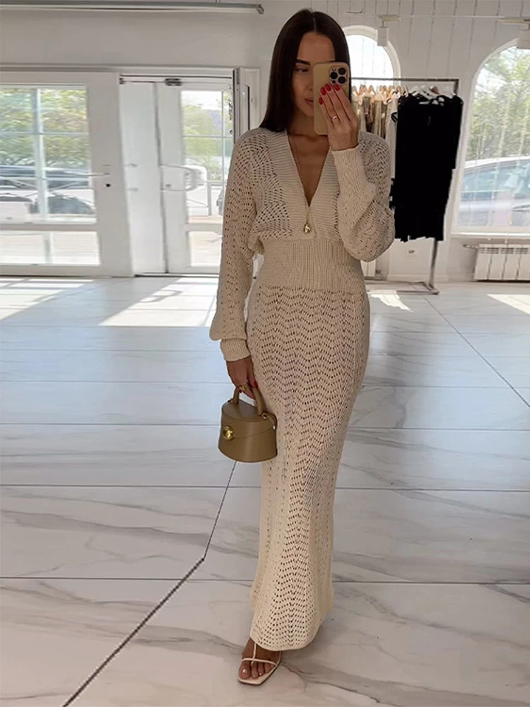 Sexy Knitted White Long Skirt Womens Deep V-neck Long Sleeve Slimming High Waist Party Beach Dress Spring Womens Hollow Robe 250320