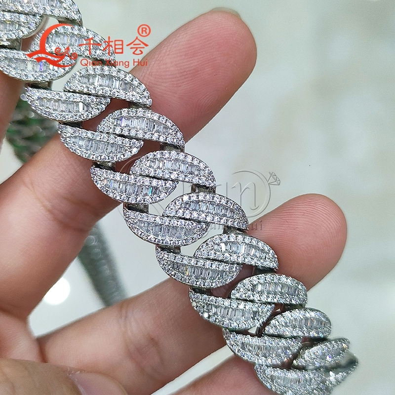 S925 Silver Necklace with 15mm Baguette Half Moon Cuban Link White Moissanite Iced out Hip Hop Chain Jewelry for Women And Men