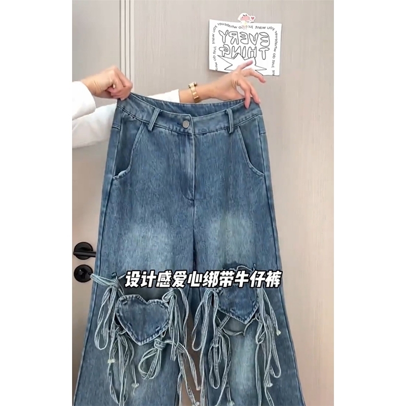 Womens Y2k jeans Harajuku 90s fashion bag with denim Trouser Korean heart-shaped hollow jeans retro 2000s clothing 250320
