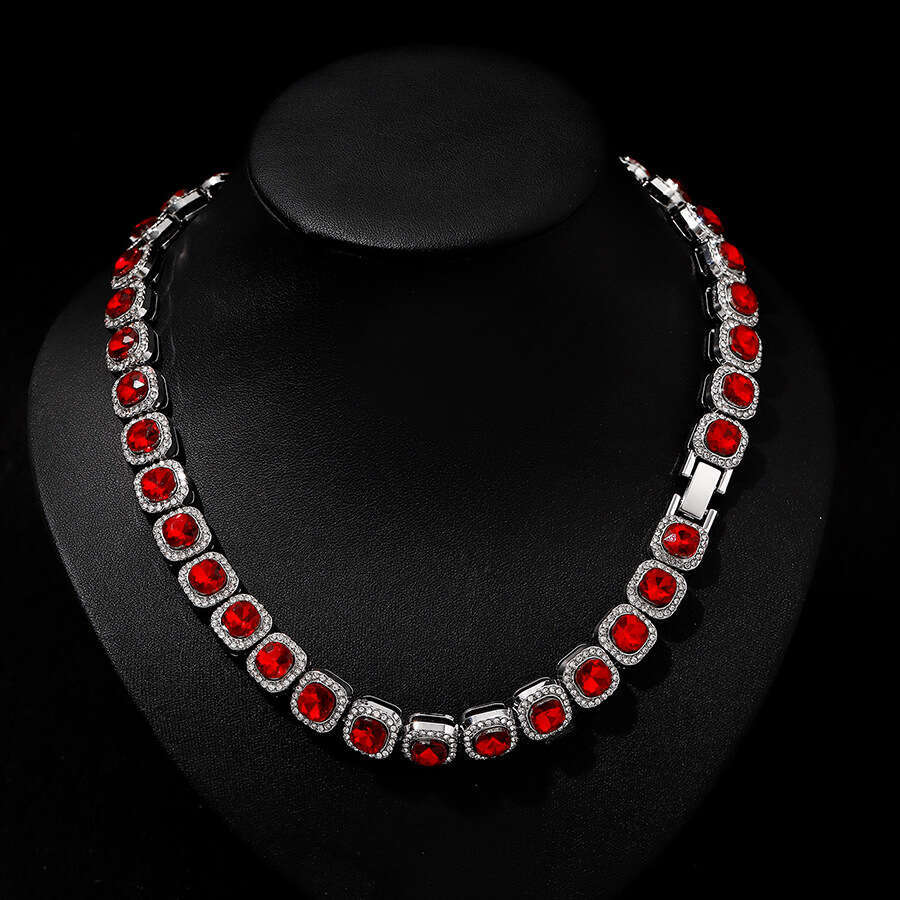 New Hip Hop Red Glass 12mm Cuban Hand Necklace Ice Sugar Chain HipHop Fashion Men's Accessories