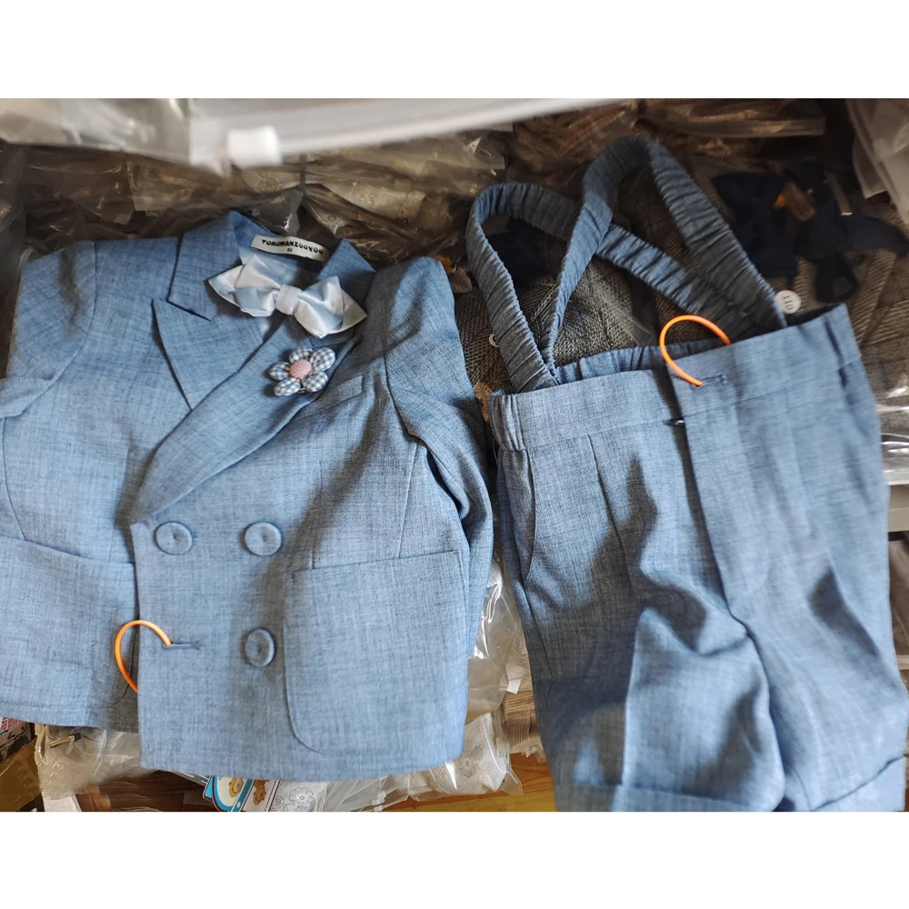 Boys Suit For Weddings Birthday Little Boy Gentleman Outfit Formal Suits Children Blue Coat Strap Shorts Bow Tie Clothes Set 250320