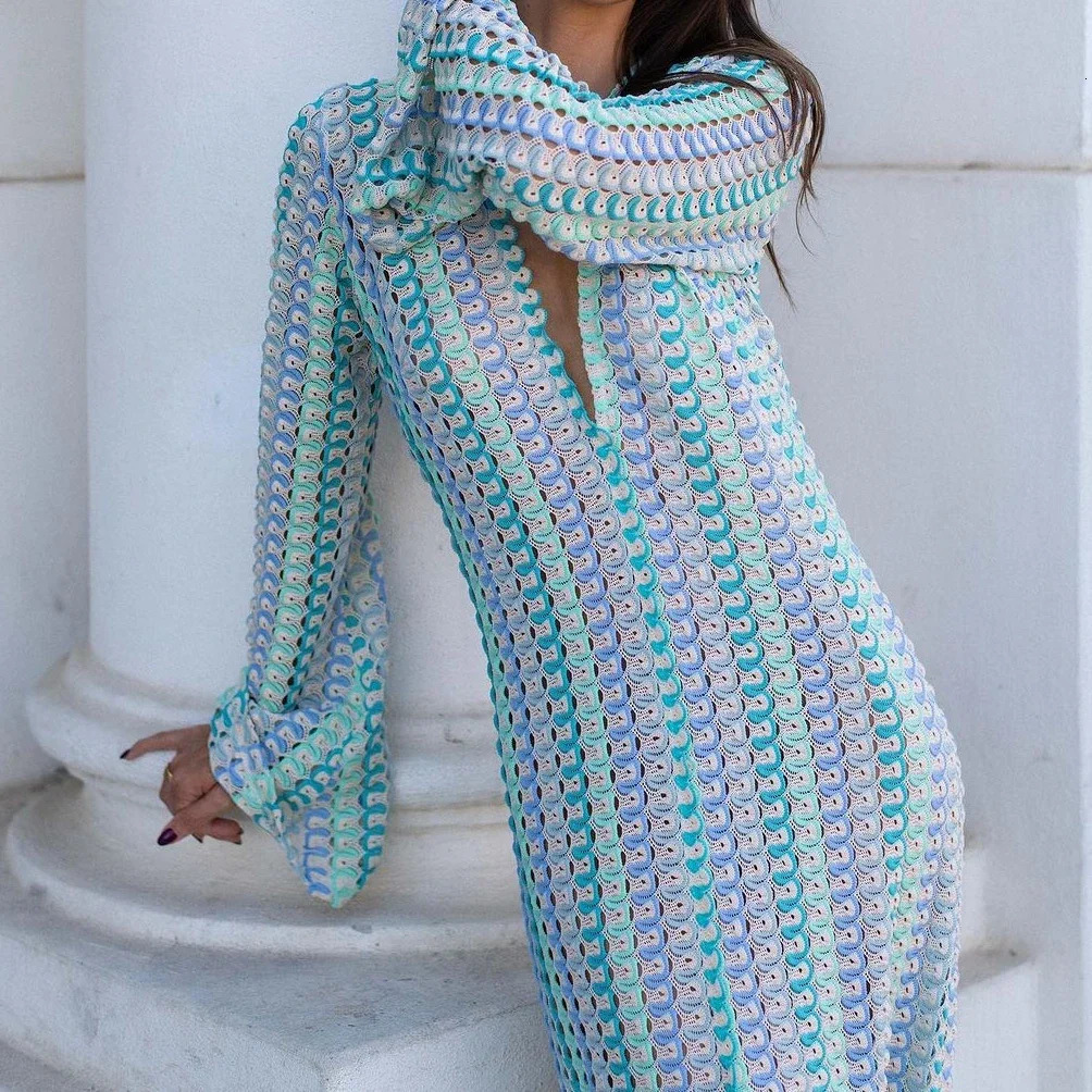 Sexy Rainbow Dress Womens Printed Deep V-neck Split Long Dress Hollow Long Y2k Top Knitted Elegant Party Club Vest 250320