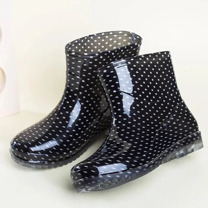 Black Polka Dots Womens Rain Shoes Waterproof And Non-slip Kitchen Work Rubber Shoes Pvc Short Tube Rain Boots Summer Shoes 250317