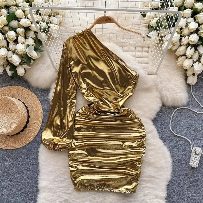 Womens Fashion Puff Long Sleeve Diagonal Collar Asymmetric Sexy Ultra Thin Body Dress Retro Vestido Elegant Hip Packaging 250320