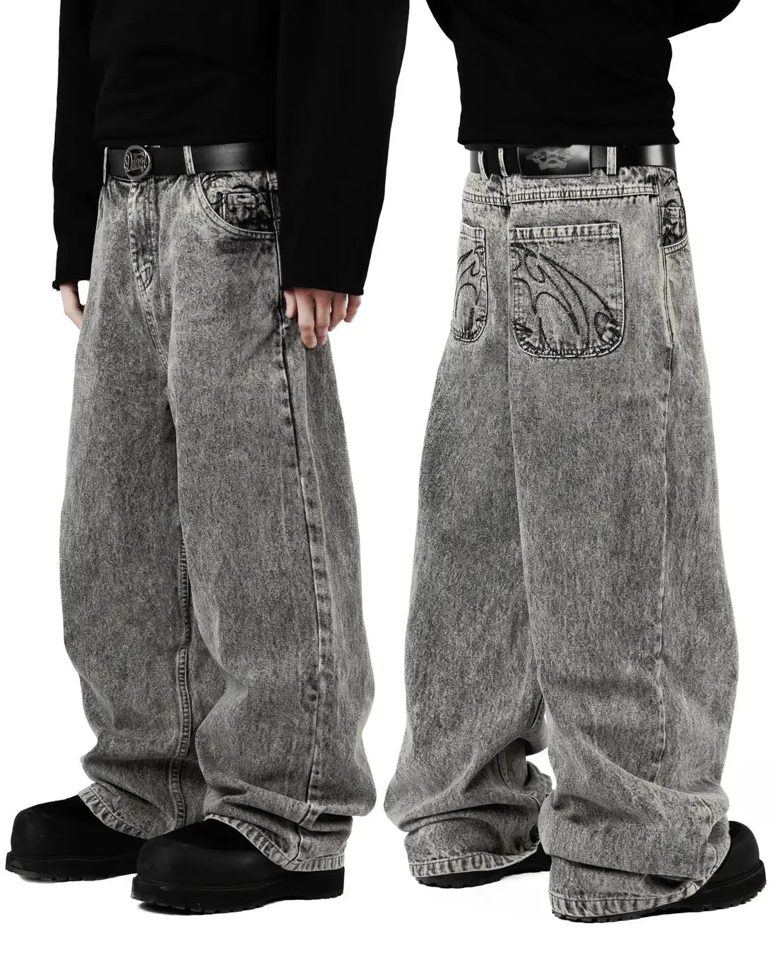 Street 90s Retro Embroidery Jeans Male R B Solid Color Loose Straight Pants Female Y2K Harajuku Hip Hop Punk Style Men Jeans 250320