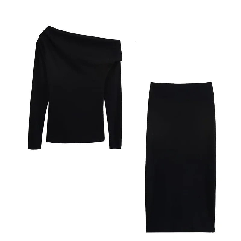 Womens Elegant Skirt Set Asymmetric Long Sleeve Top Midi Tight Skirt Spring 2025 Simple Casual Womens Set 250320