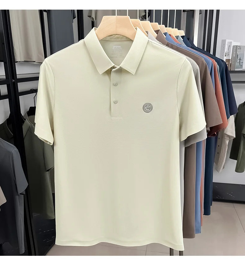 High end short sleeve polo shirt mens 2025 summer trend letter embossed top silk comfortable breathable lapel T-shirt 250321