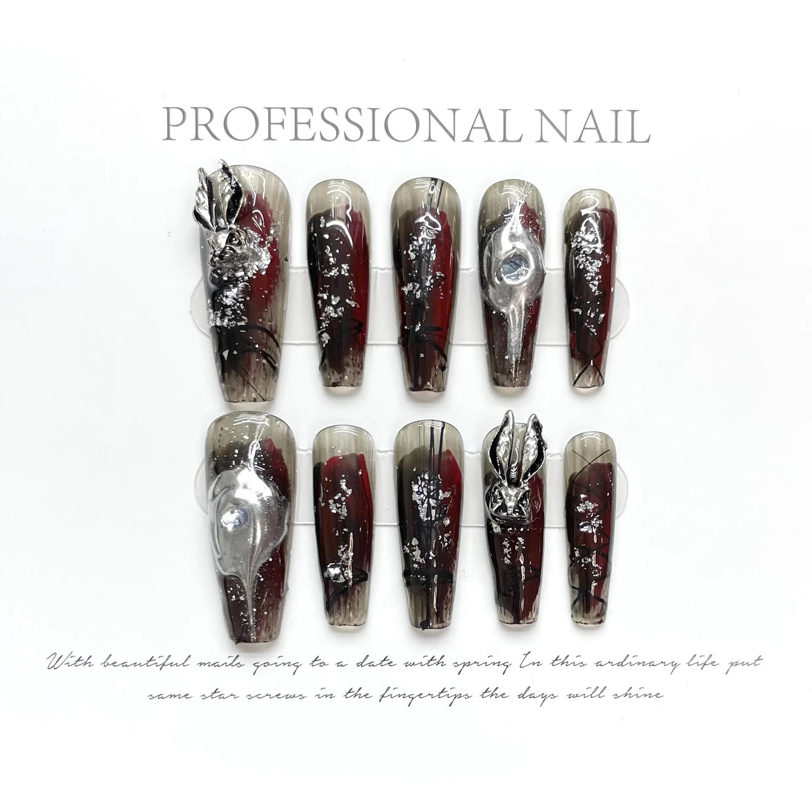 10 PCS Handmade Y2k Press on Nails Long Punk Silver Adhesive False Nail Full Cover Coffin Artifical Stick-on Nail Tip Nail Art 250319