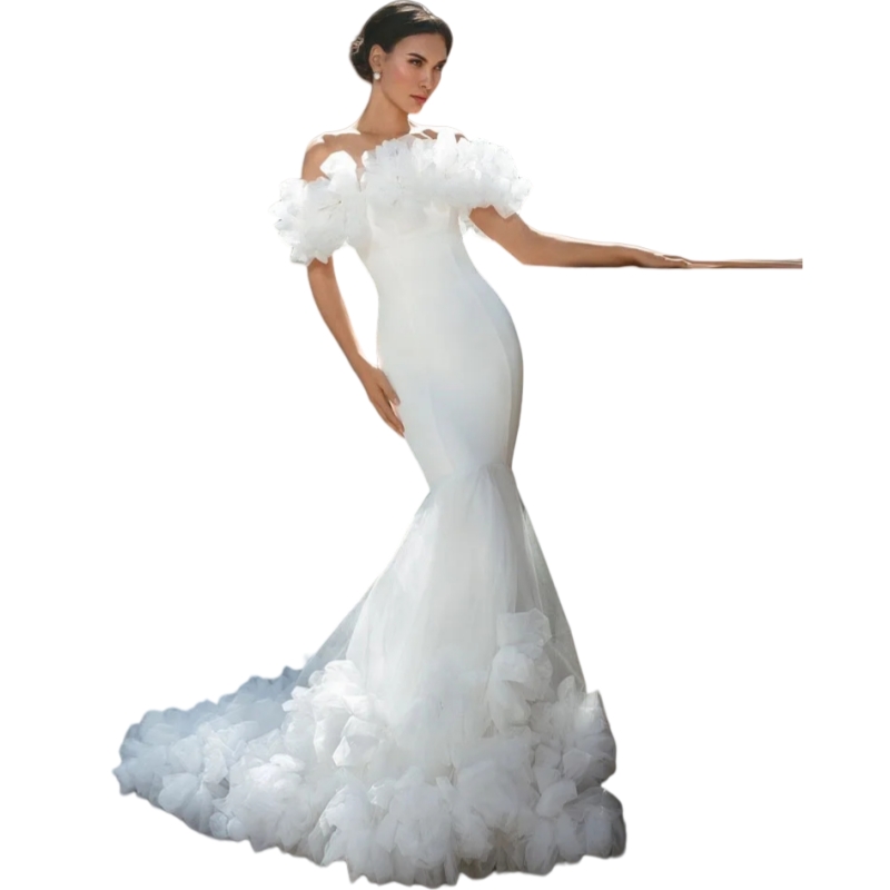 Elegant Flowers Off Shoulder Mermaid Wedding Dresses Satin Long Bridal Gown Court Train White Romantic Floral Bride Dress 2025