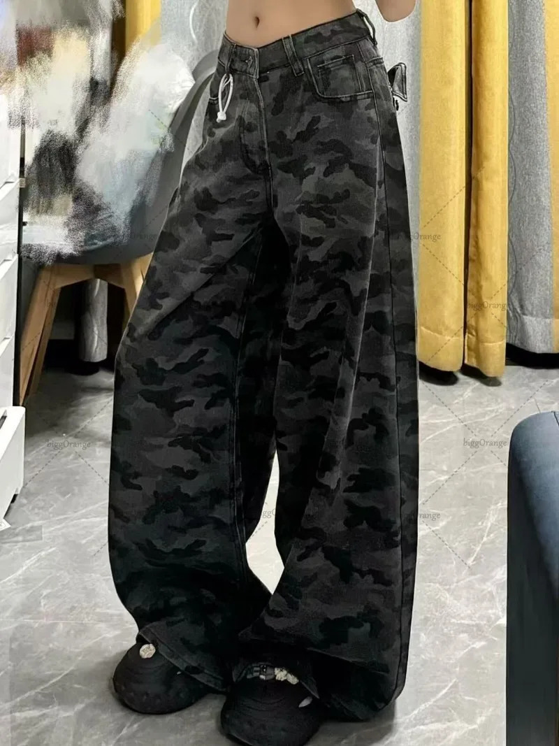 American Retro Camouflage Oversized Jeans Fashionable Loose Personality Street Hip-hop Trendy High Waist Wide-leg Straight Pants 250320