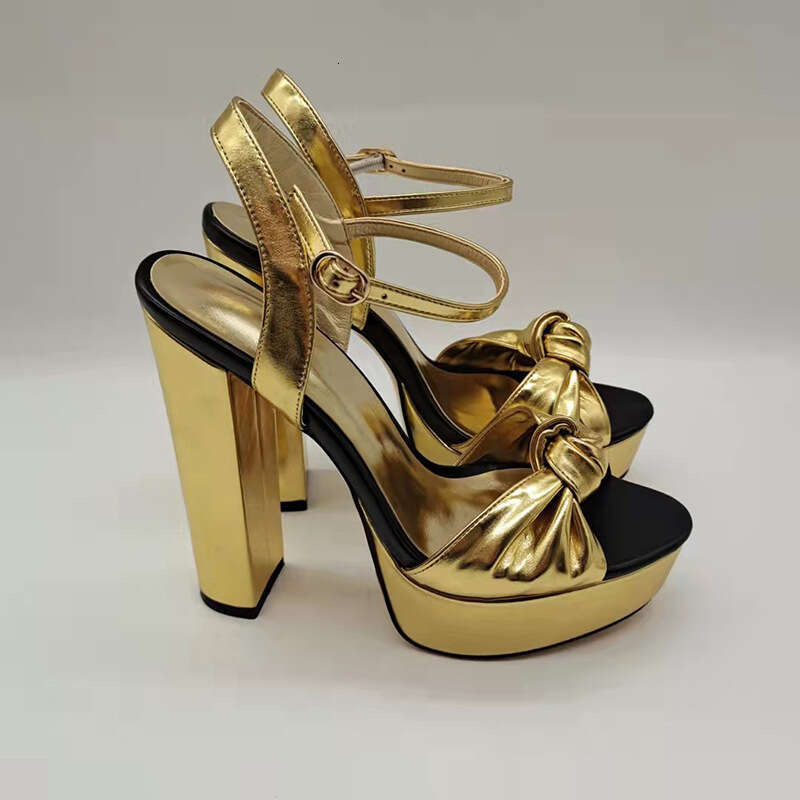 Stylish Gold Platform Sandals Fashion Round Open Toe Knotted Chunky Heeled Shoes Women Summer Party Gown Buckle Strap High Heels